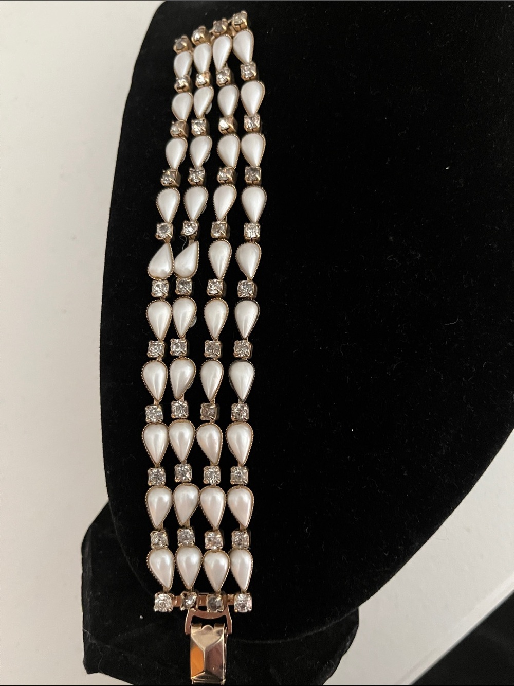 Vintage LERU signed 4-Strand Teardrop Pearl & Rhinestone Wide Bracelet 1950s